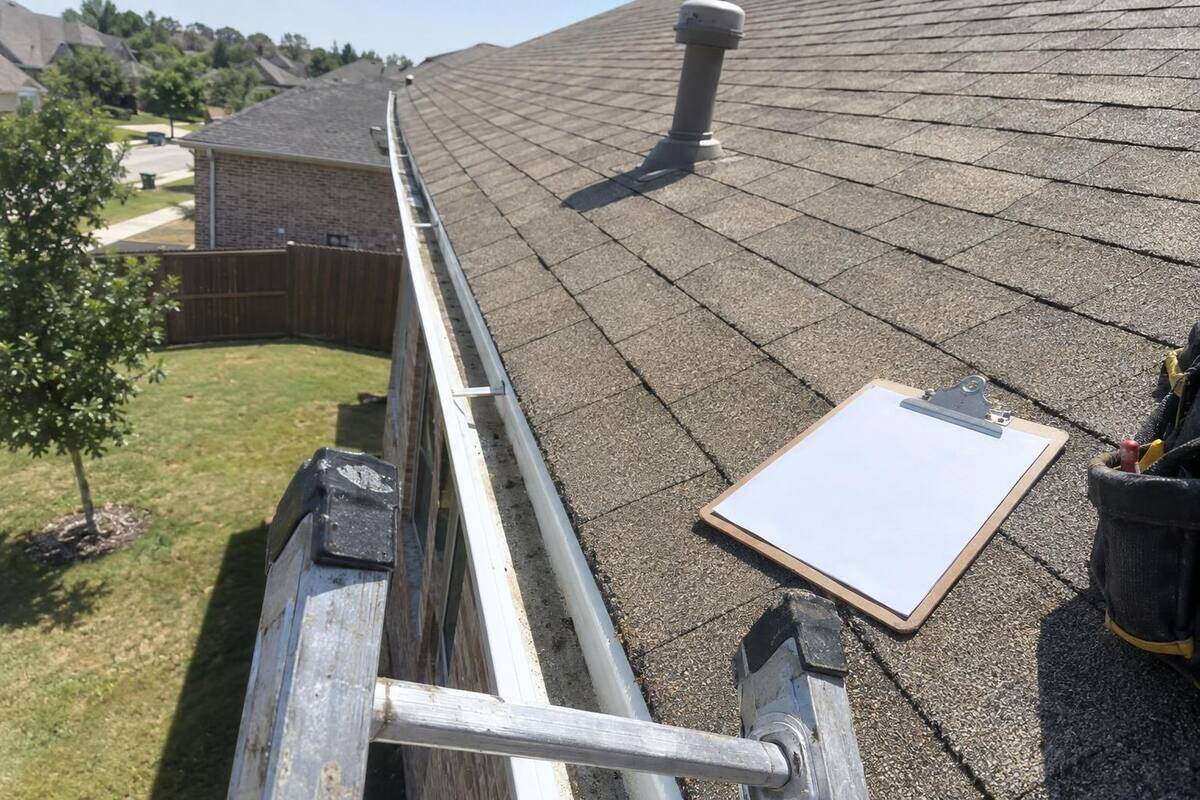 The top of an extension ladder resting against a gutter beside a clipboard on the roof edge, with the shingle field and a vent stack stretching up behind