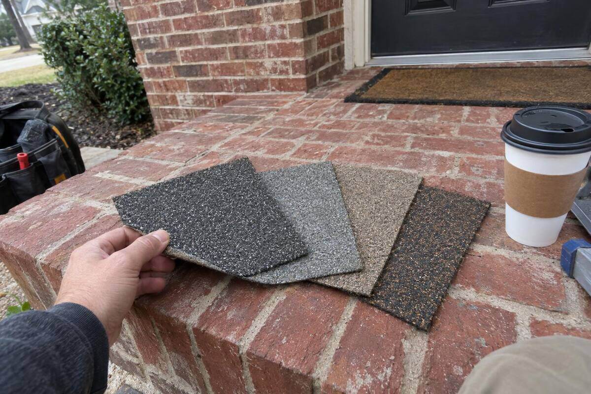 Four shingle samples in different grays and browns fanned out on a brick porch step, one bent back at the corner between a thumb and finger